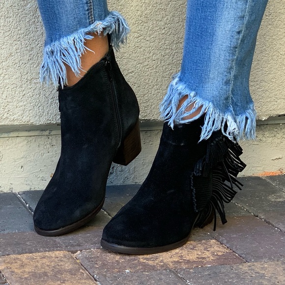 Distressed Black Suede Leather Fringe Ankle Boot - Picture 4 of 8